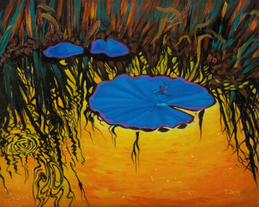 Peinture intitulée "Blue dragonfly" par Yue Zeng, Œuvre d'art originale, Huile