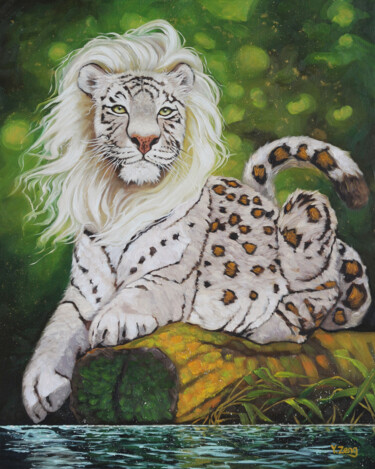 Painting titled "Mythical big cat" by Yue Zeng, Original Artwork, Oil
