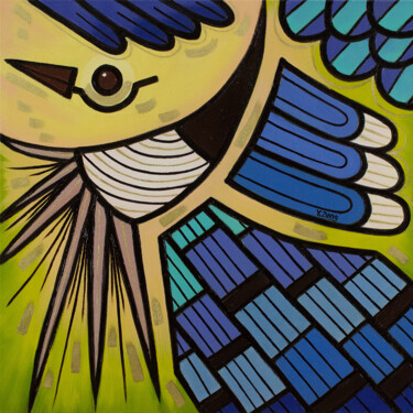 Картина под названием "Backyard birds Blue…" - Yue Zeng, Подлинное произведение искусства, Масло Установлен на Деревянная ра…