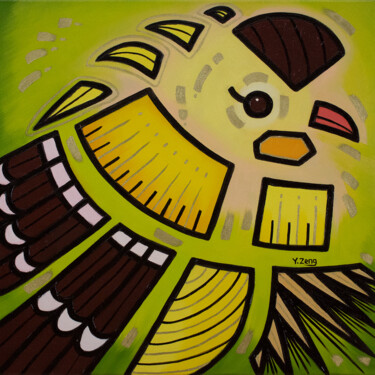 Peinture intitulée "Backyard birds Gold…" par Yue Zeng, Œuvre d'art originale, Huile Monté sur Châssis en bois