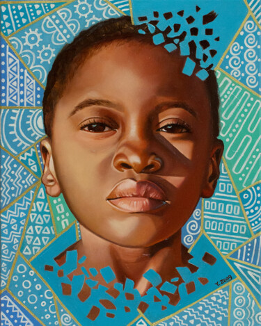 Painting titled "African girl portra…" by Yue Zeng, Original Artwork, Oil Mounted on Wood Stretcher frame