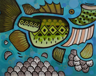 Schilderij getiteld "Freshwater fishes L…" door Yue Zeng, Origineel Kunstwerk, Olie