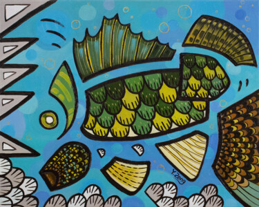 Schilderij getiteld "Freshwater fishes W…" door Yue Zeng, Origineel Kunstwerk, Olie