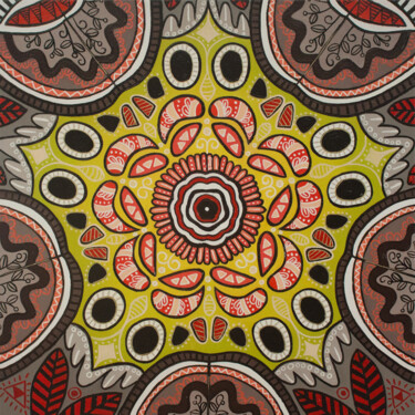 Schilderij getiteld "Moth pattern mandala" door Yue Zeng, Origineel Kunstwerk, Olie Gemonteerd op Frame voor houten brancard