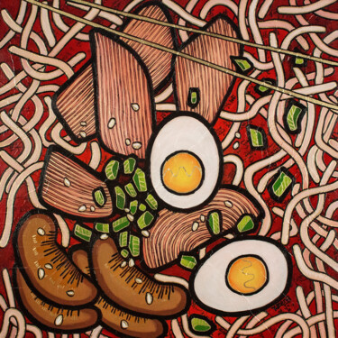 Painting titled "Ramen noodle chicken" by Yue Zeng, Original Artwork, Oil Mounted on Wood Panel