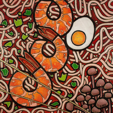 Pintura titulada "Ramen noodle shrimp" por Yue Zeng, Obra de arte original, Oleo Montado en Panel de madera