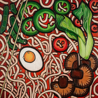 Painting titled "Ramen noodle vegeta…" by Yue Zeng, Original Artwork, Oil Mounted on Wood Panel