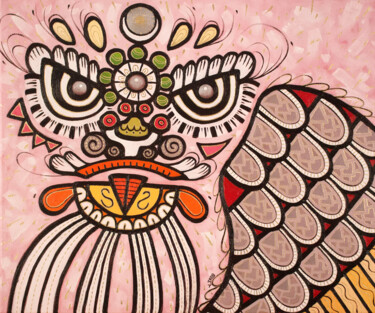 Malerei mit dem Titel "Lion dance white" von Yue Zeng, Original-Kunstwerk, Öl