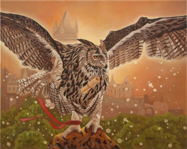 Painting titled "Owl messenger" by Yue Zeng, Original Artwork, Oil