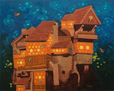 Painting titled "Bee house" by Yue Zeng, Original Artwork, Oil