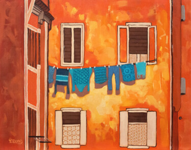 Painting titled "Drying clothes" by Yue Zeng, Original Artwork, Oil