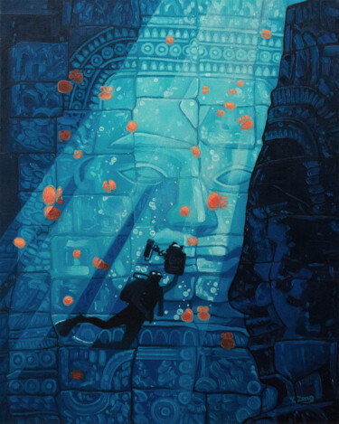 Malerei mit dem Titel "Underwater ruin" von Yue Zeng, Original-Kunstwerk, Öl