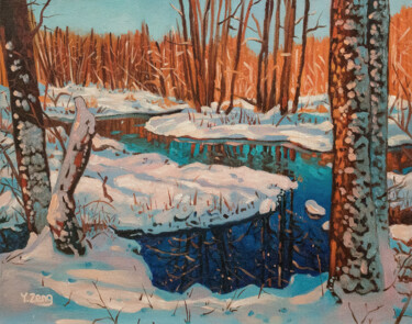 Painting titled "Snowy stream winter…" by Yue Zeng, Original Artwork, Oil
