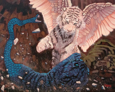 Pintura titulada "Angel and demon fan…" por Yue Zeng, Obra de arte original, Oleo