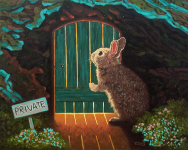 Pintura intitulada "Knock Knock rabbit" por Yue Zeng, Obras de arte originais, Óleo