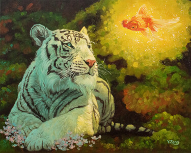 Painting titled "White tiger and gol…" by Yue Zeng, Original Artwork, Oil