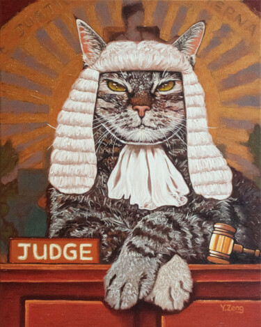 Painting titled "Cat judge" by Yue Zeng, Original Artwork, Oil