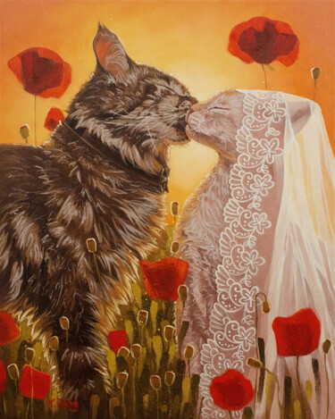 Painting titled "Cats wedding in pop…" by Yue Zeng, Original Artwork, Oil