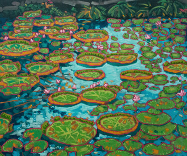 Painting titled "Waterlily pond blue" by Yue Zeng, Original Artwork, Oil