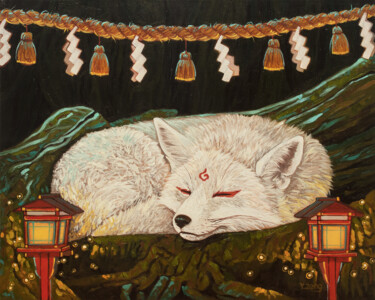 Painting titled "White fox shrine" by Yue Zeng, Original Artwork, Oil
