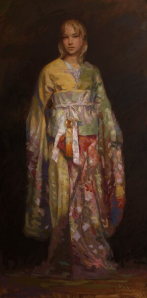 Pittura intitolato "Girl in Kimono" da Yuehua He, Opera d'arte originale, Olio