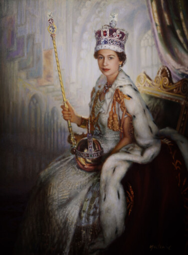Painting titled "Elizabeth II" by Yuehua He, Original Artwork, Oil