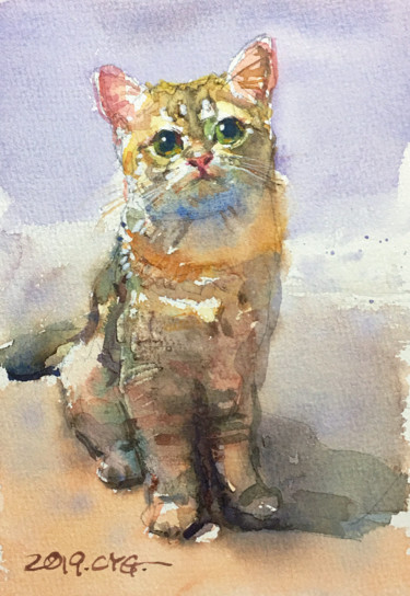 Malerei mit dem Titel "The Cat Pisa" von Yugang Chen, Original-Kunstwerk, Aquarell