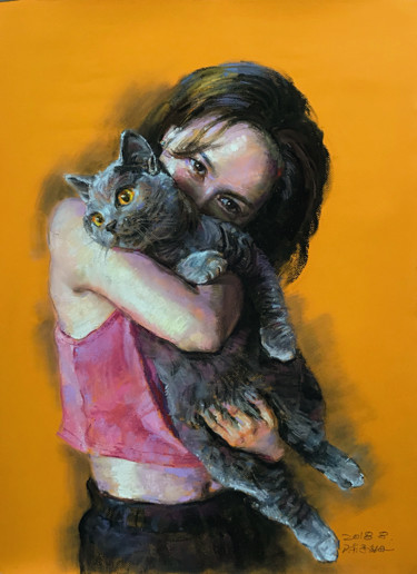 Zeichnungen mit dem Titel "The girl and the cat" von Yugang Chen, Original-Kunstwerk, Pastell