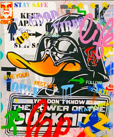 Schilderij getiteld "Duck Vador" door Yugipop, Origineel Kunstwerk, Graffiti Gemonteerd op Frame voor houten brancard