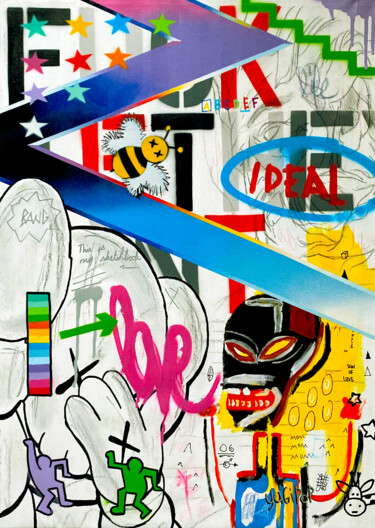 Schilderij getiteld "Kaws love basquiat" door Yugipop, Origineel Kunstwerk, Acryl Gemonteerd op Frame voor houten brancard