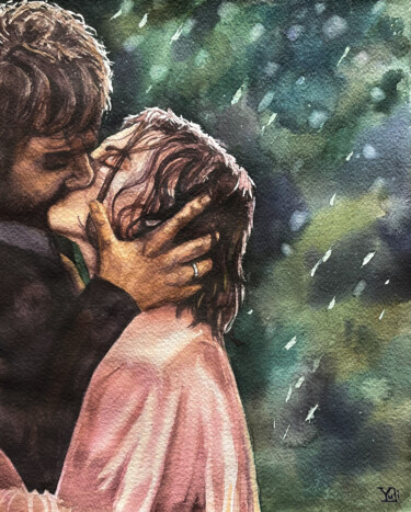 Painting titled "Kiss in the rain" by Yuliya Lyubatinskaya (yuli_lyu_art), Original Artwork, Watercolor