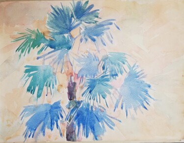 Tekening getiteld "Blue palm" door Yulia Aks, Origineel Kunstwerk, Aquarel