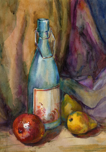 Still life with a blue bottle Painting titled "Still life with a b…" by Yulia Babulina, Original Art, Watercolor