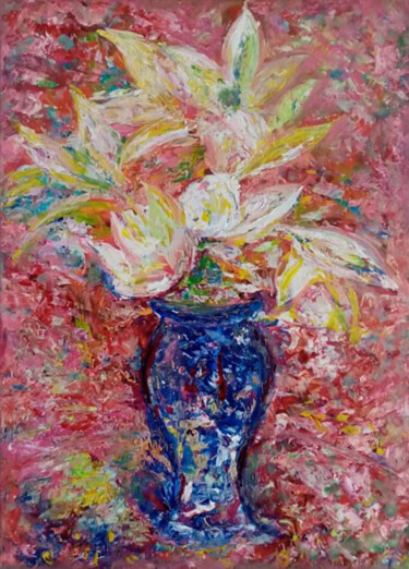 Schilderij getiteld "Lilies in a blue va…" door Yulia Dolgorukova, Origineel Kunstwerk, Olie Gemonteerd op Andere stijve pan…