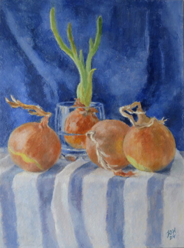Malerei mit dem Titel "Onions on blue" von Yulia Ivanova, Original-Kunstwerk, Öl