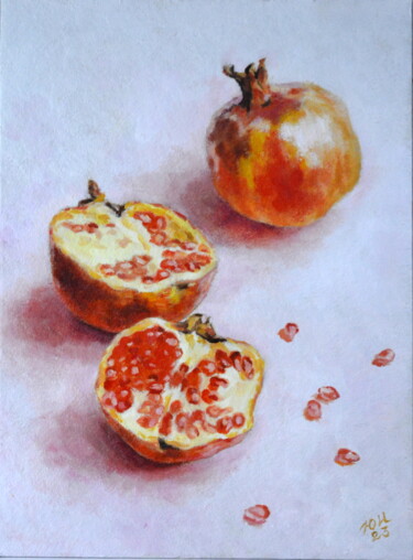 Painting titled "Pomegranates on pink" by Yulia Ivanova, Original Artwork, Oil