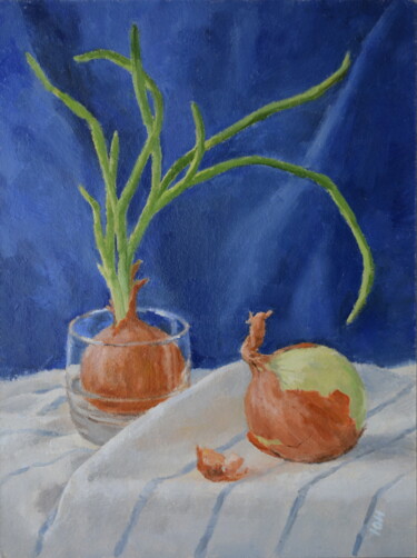 Schilderij getiteld "Onions on blue 2" door Yulia Ivanova, Origineel Kunstwerk, Olie