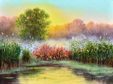 Painting titled "Quiet Pond" by Yulia Nikonova, Original Artwork, Oil Mounted on Wood Stretcher frame