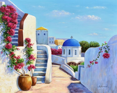 Ζωγραφική με τίτλο "Greek Village" από Yulia Nikonova, Αυθεντικά έργα τέχνης, Λάδι Τοποθετήθηκε στο Ξύλινο φορείο σκελετό