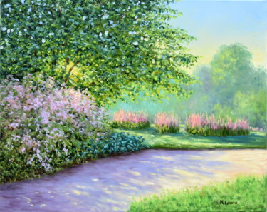 Painting titled "Morning Garden" by Yulia Nikonova, Original Artwork, Oil Mounted on Wood Stretcher frame