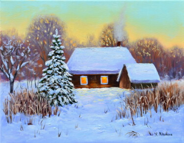 Painting titled "Inviting House" by Yulia Nikonova, Original Artwork, Oil Mounted on Wood Stretcher frame