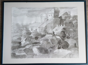 Drawing titled "Paysage médiévale,…" by Yulia Pelevina, Original Artwork, Watercolor