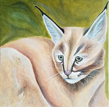 Painting titled "Caracal intrigué" by Yulia Pelevina, Original Artwork, Oil