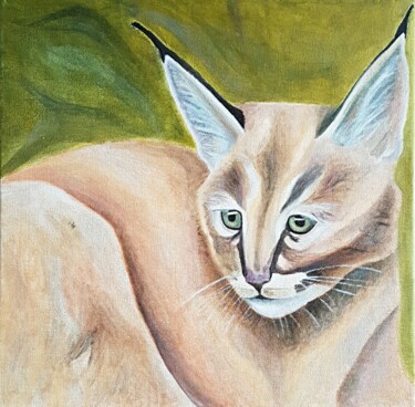 Schilderij getiteld "Caracal intrigué" door Yulia Pelevina, Origineel Kunstwerk, Olie