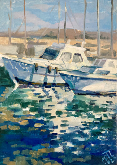 Ζωγραφική με τίτλο "Boats in the port o…" από Yulia Prykina, Αυθεντικά έργα τέχνης, Λάδι