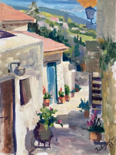 Painting titled "Sunny street of the…" by Yulia Prykina, Original Artwork, Oil