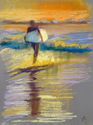 Desenho intitulada "Sunset for surfing.…" por Yulia Prykina, Obras de arte originais, Pastel