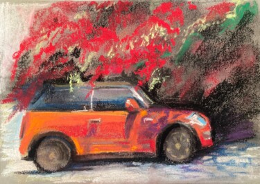 Рисунок под названием "Red Mini Cooper hid…" - Yulia Prykina, Подлинное произведение искусства, Пастель