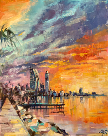 Malerei mit dem Titel "Evening in Limassol" von Yulia Prykina, Original-Kunstwerk, Öl