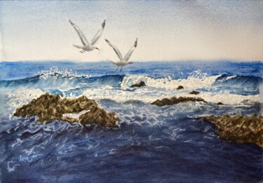 Painting titled "seagulls over the w…" by Yulia Risevets, Original Artwork, Watercolor